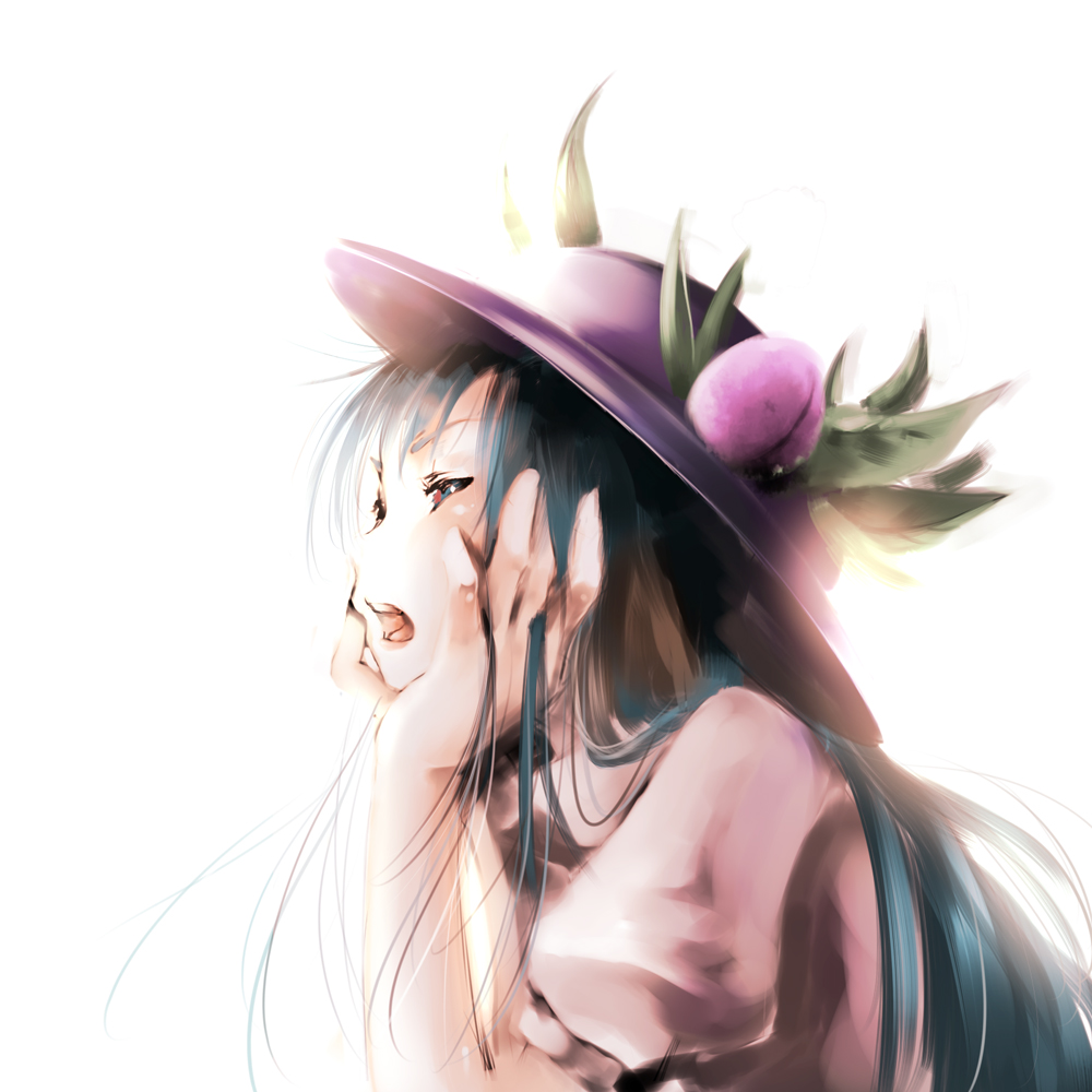 yae (mono110), hinanawi tenshi, touhou, bad id, bad pixiv id, 1girl, blue eyes, female focus, food, fruit, hat, long hair, open mouth, peach, solo
