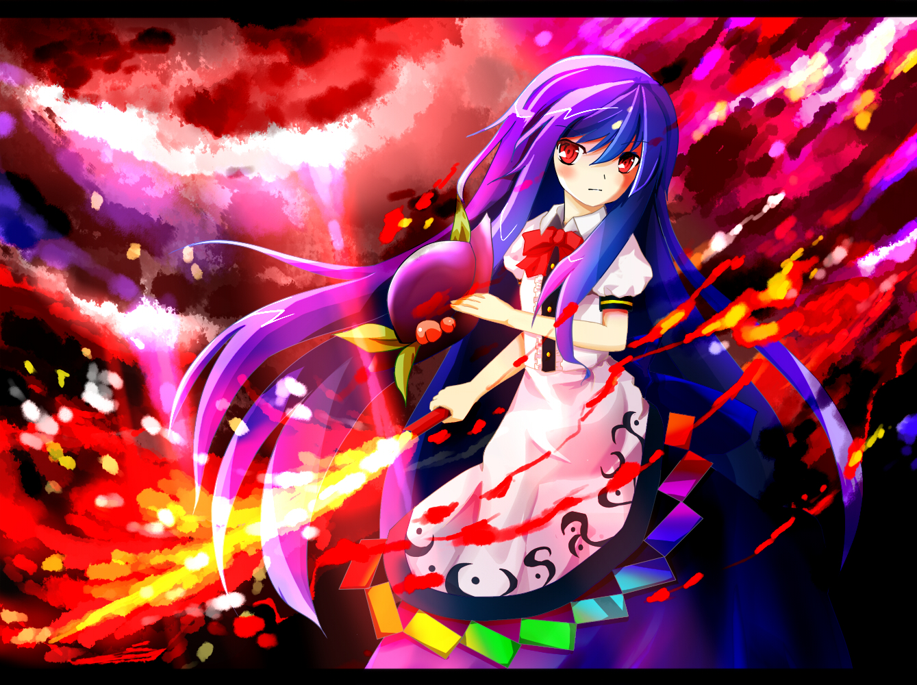 yuna gram, yunagram, hinanawi tenshi, touhou, bad id, bad pixiv id, 1girl, blue hair, female focus, hat, letterboxed, red eyes, solo, sword, sword of hisou, unworn hat, unworn headwear, weapon