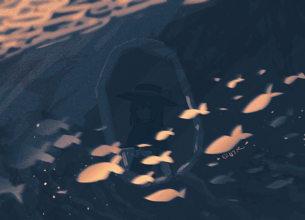 furahata gen, usami renko, touhou, 1girl, artist name, black capelet, black eyes, black hair, black hat, black skirt, book, bow, capelet, closed mouth, fish, hair between eyes, hair bow, hat, hat bow, holding, holding book, long sleeves, looking outside, one eye covered, school of fish, shirt, skirt, solo, submarine, watercraft, white bow, white shirt, window