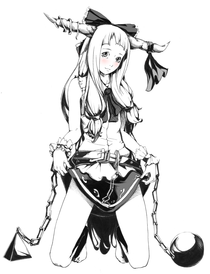 sousou (sousouworks), ibuki suika, touhou, 1girl, barefoot, blush, chain, clothes lift, female focus, full body, greyscale, horns, kneeling, long hair, monochrome, simple background, skirt, skirt lift, solo, spot color