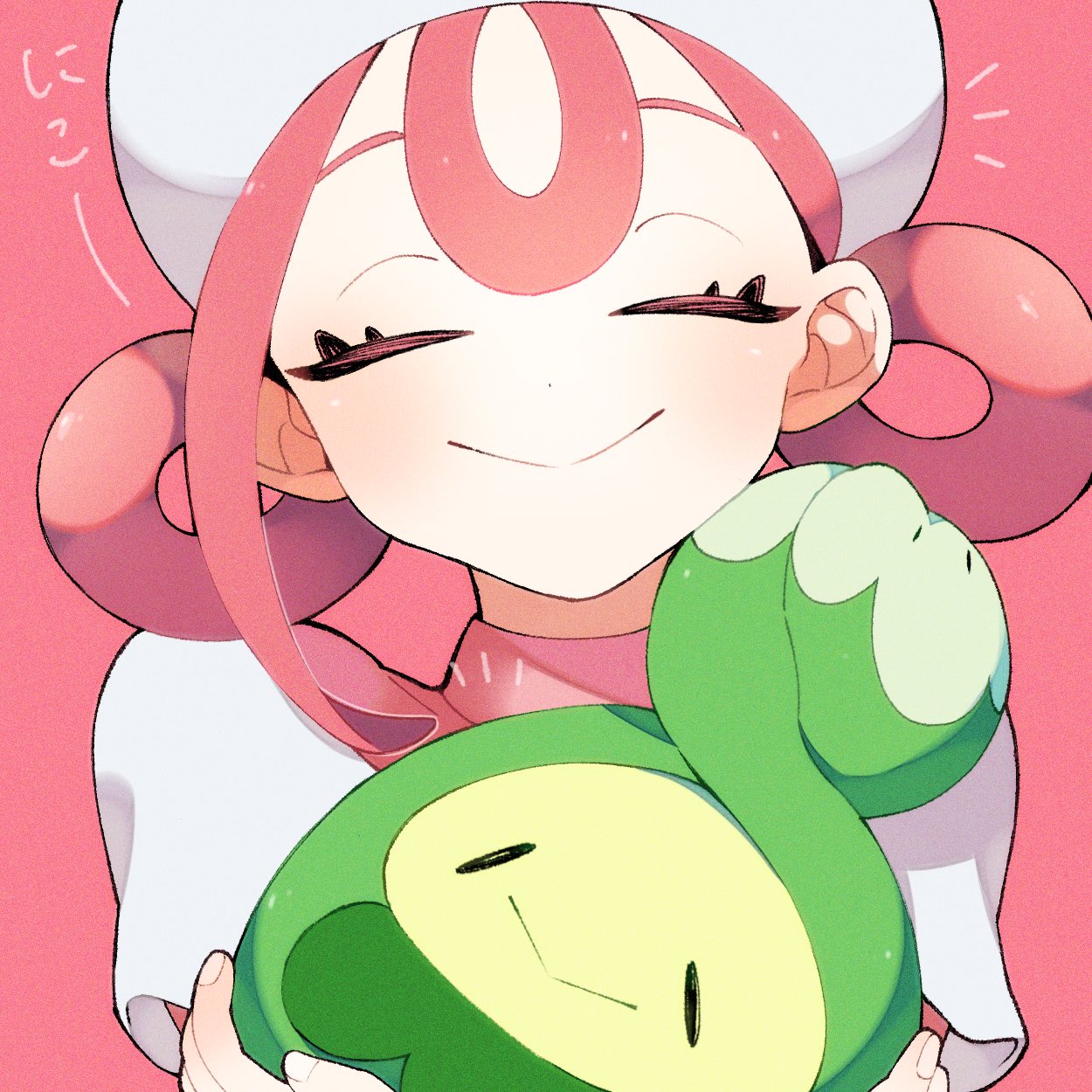 gu gu12435, budew, joy (pokemon), nintendo, pokemon, pokemon legends: z-a, commentary request, highres, 1girl, closed eyes, gen 4 pokemon, hat, holding, nurse, nurse cap, pink background, pink hair, pokemon (creature), simple background, upper body