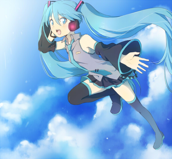 riru, hatsune miku, vocaloid, bad id, bad pixiv id, 1girl, aqua eyes, aqua hair, day, detached sleeves, female focus, headphones, headset, legs, long hair, necktie, outdoors, skirt, sky, solo, thighhighs, twintails, very long hair, zettai ryouiki