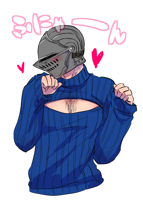 chosen undead, dark souls (series), dark souls i, commentary request, 1boy, blue sweater, chest hair, heart, helm, helmet, long sleeves, male focus, open-chest sweater, pectoral cleavage, pectorals, simple background, solo, suou yuuchi, sweater, upper body, white background