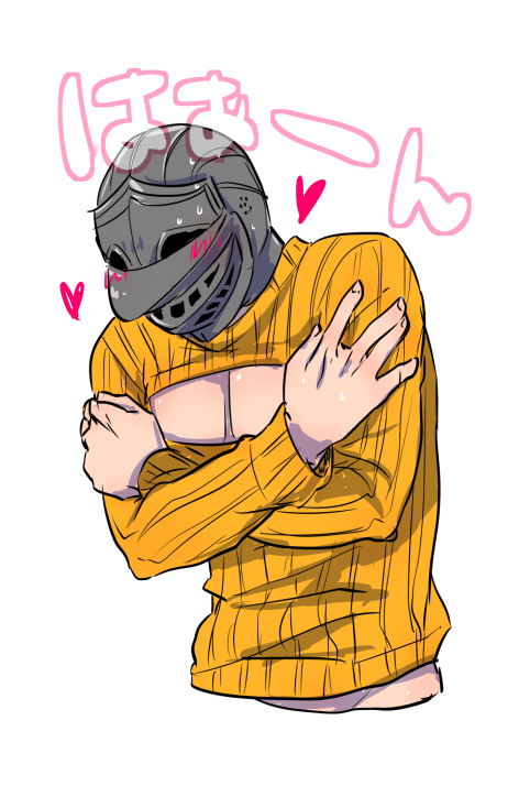 slayer of demons, demon's souls, commentary request, 1boy, heart, helm, helmet, long sleeves, male focus, open-chest sweater, orange sweater, pectoral cleavage, pectorals, simple background, solo, suou yuuchi, sweater, upper body, white background