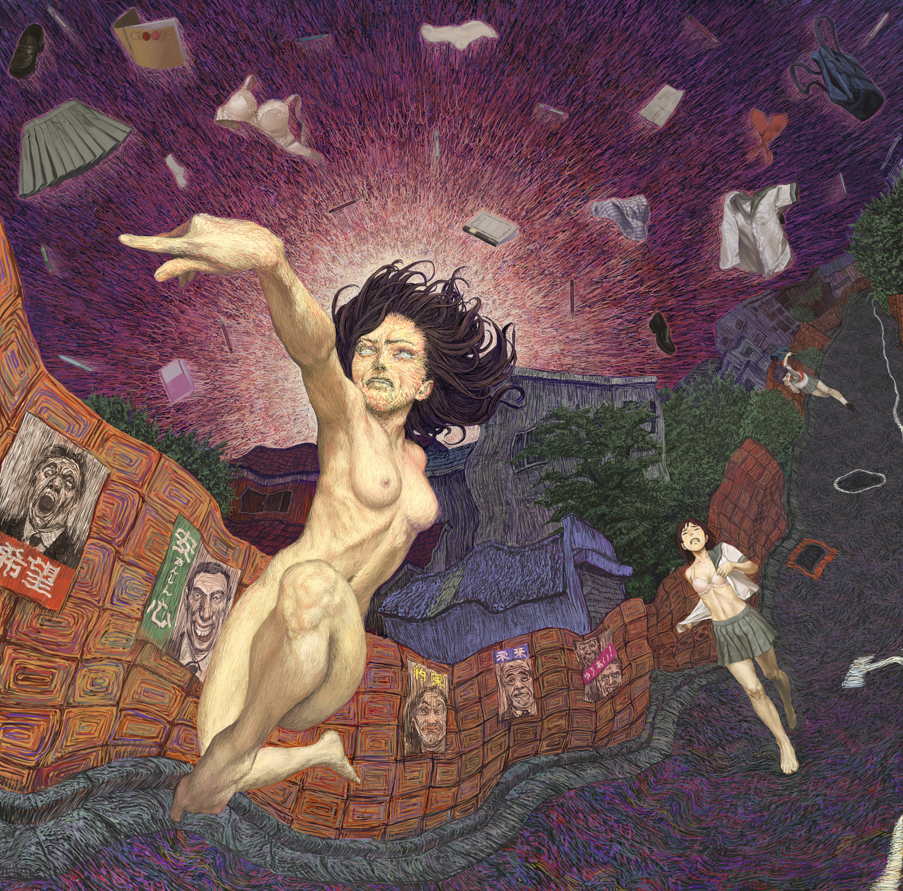 nababa, original, wall, highres, translated, 3girls, bag, barefoot, bra, breasts, closed eyes, convenient leg, feet, horror (theme), house, legs, lingerie, multiple girls, nipples, nude, outdoors, panties, pen, pencil, politics, ribs, road, running, school uniform, serafuku, small breasts, social commentary, street, surreal, tears, toes, tree, underwear, undressing, what, wooden pencil, zenra