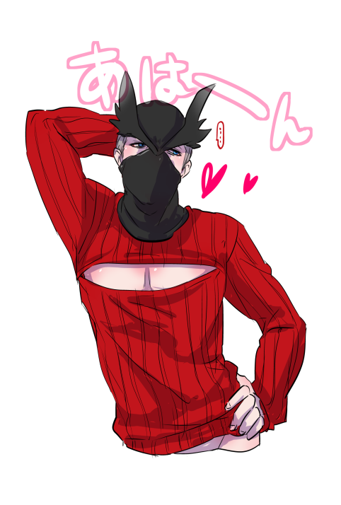 hunter (bloodborne), bloodborne, commentary request, 1boy, arm behind head, black hat, blue eyes, grey hair, hand on own hip, hat, long sleeves, male focus, mask, mouth mask, open-chest sweater, pectoral cleavage, pectorals, red sweater, short hair, simple background, solo, suou yuuchi, sweater, upper body, white background