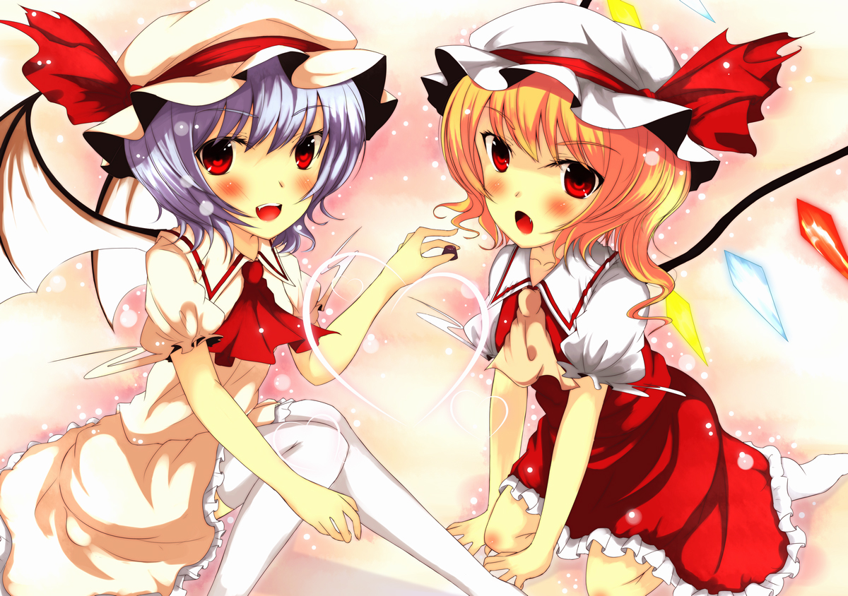 moccy, flandre scarlet, remilia scarlet, touhou, light purple hair, bad id, bad pixiv id, 2girls, bat wings, blonde hair, female focus, hat, multiple girls, ponytail, red eyes, short hair, siblings, side ponytail, sisters, wings