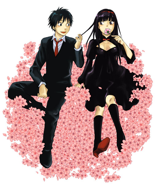 painapo, kazehaya shouta, kuronuma sawako, kimi ni todoke, bad id, bad pixiv id, 00s, 1boy, 1girl, :o, black hair, blunt bangs, breasts, cleavage, cleavage cutout, clothing cutout, collared shirt, couple, dress, dress shirt, field, flower, flower field, formal clothes, holding, long hair, open mouth, pants, shirt, simple background, suit, very long hair, white background