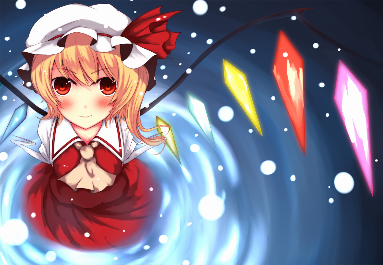 moccy, flandre scarlet, embodiment of scarlet devil, touhou, 1girl, blonde hair, blouse, collared shirt, female focus, hair between eyes, hat, mob cap, ponytail, red eyes, shirt, short hair, side ponytail, solo, white hat, white shirt, wings