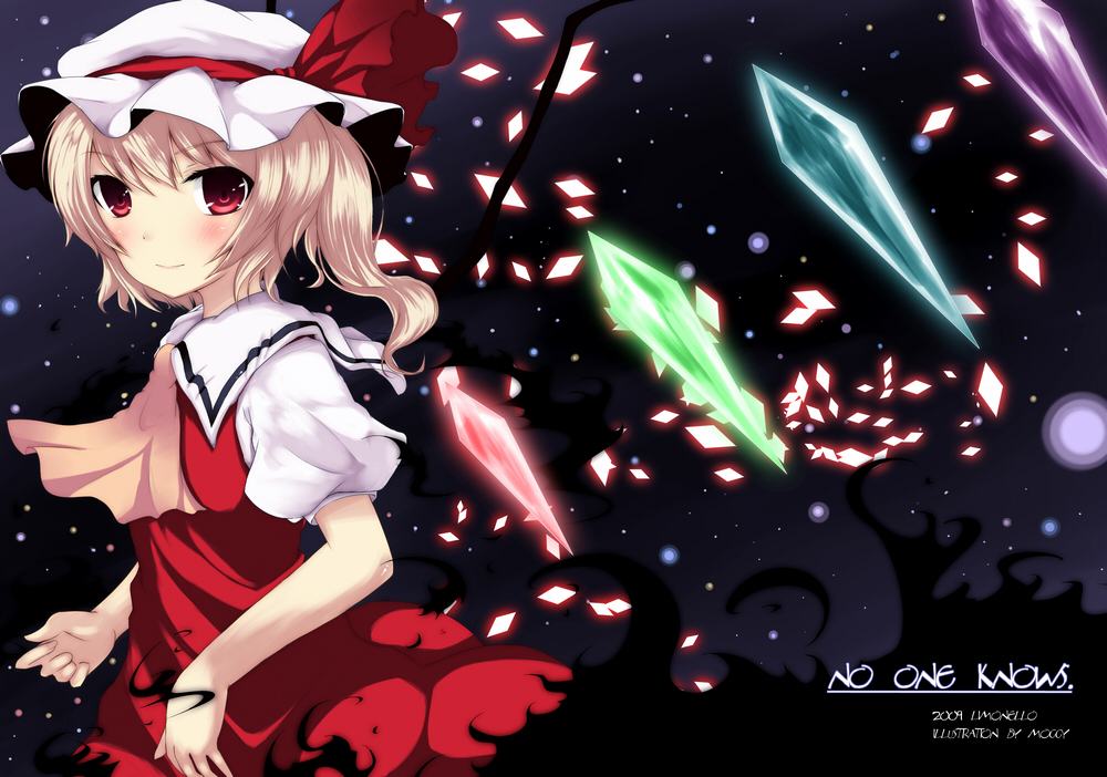 moccy, flandre scarlet, embodiment of scarlet devil, touhou, bad id, bad pixiv id, 1girl, adapted costume, blonde hair, blouse, collared shirt, female focus, from side, hat, mob cap, ponytail, red eyes, shirt, short hair, side ponytail, solo, white shirt, wings