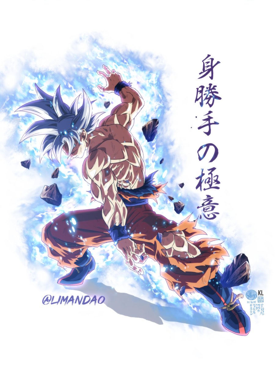 limandao, son goku, dragon ball, dragon ball super, commentary request, highres, translation request, 1boy, aura, blue boots, blue wrist cuffs, boots, full body, male focus, medium hair, muscular, muscular male, orange pants, pants, simple background, solo, spiked hair, torn clothes, torn pants, ultra instinct, white background, white hair, wrist cuffs
