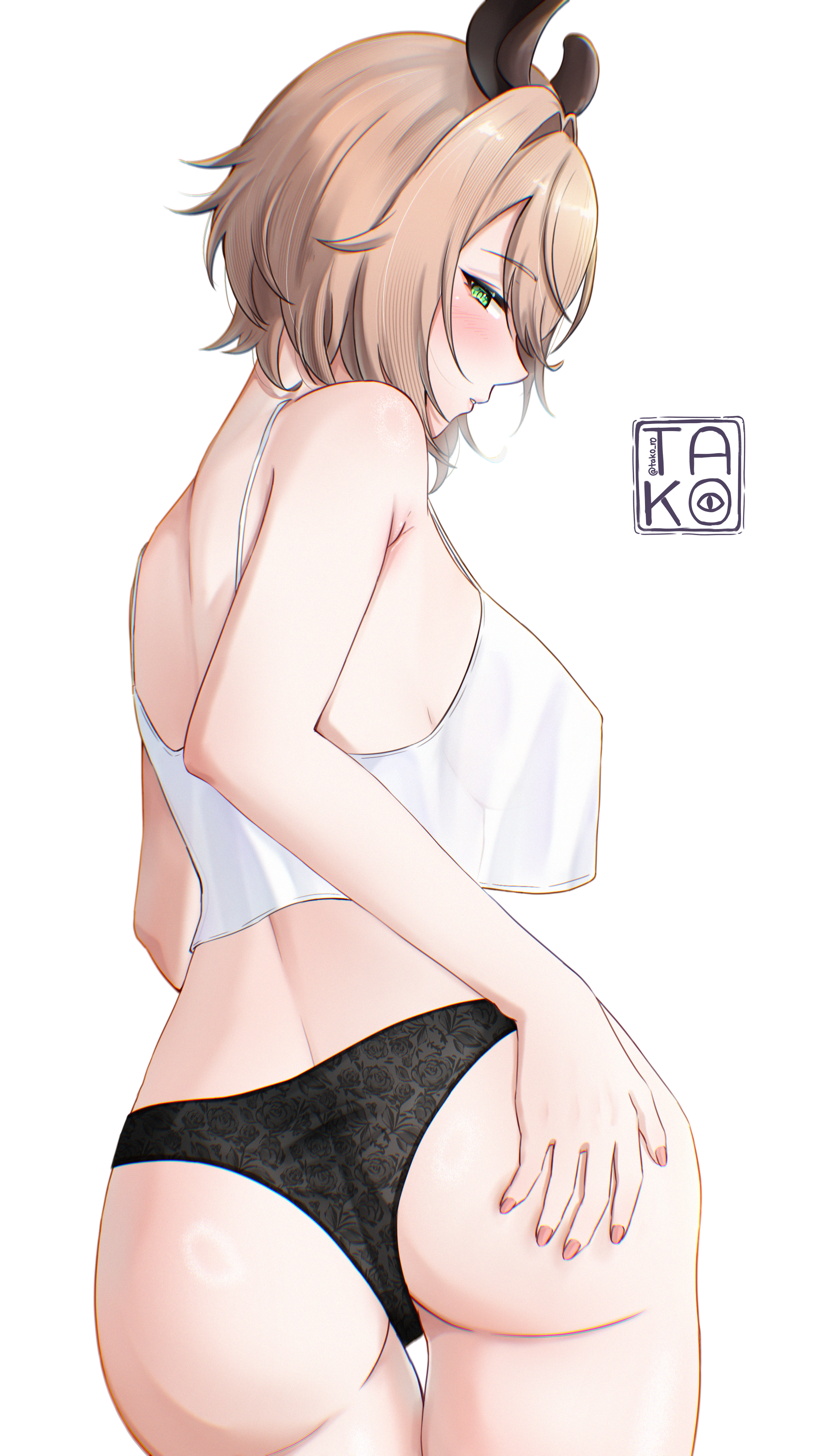 takoroki, nimi nightmare, indie virtual youtuber, absurdres, commentary, highres, 1girl, animal ears, ass, black panties, blonde hair, breasts, camisole, crop top, crop top overhang, from behind, green eyes, hand on own ass, lace, lace panties, large breasts, looking at viewer, looking back, median furrow, panties, parted lips, short hair, simple background, solo, tapir ears, tapir girl, thigh gap, underwear, virtual youtuber, white background, white camisole