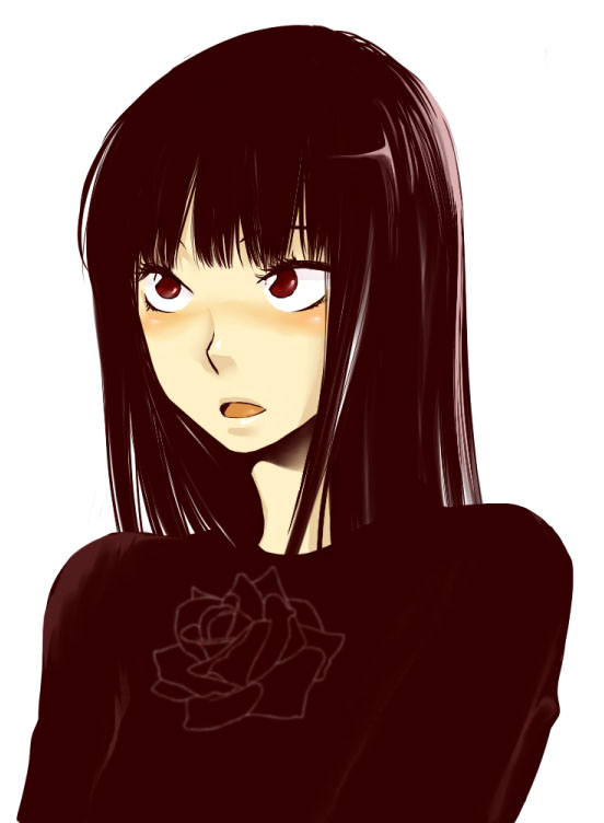 painapo, kuronuma sawako, kimi ni todoke, bad id, bad pixiv id, 00s, 1girl, blunt bangs, blush, brown eyes, brown hair, eyelashes, female focus, flower, looking up, open mouth, simple background, solo, sweater, upper body