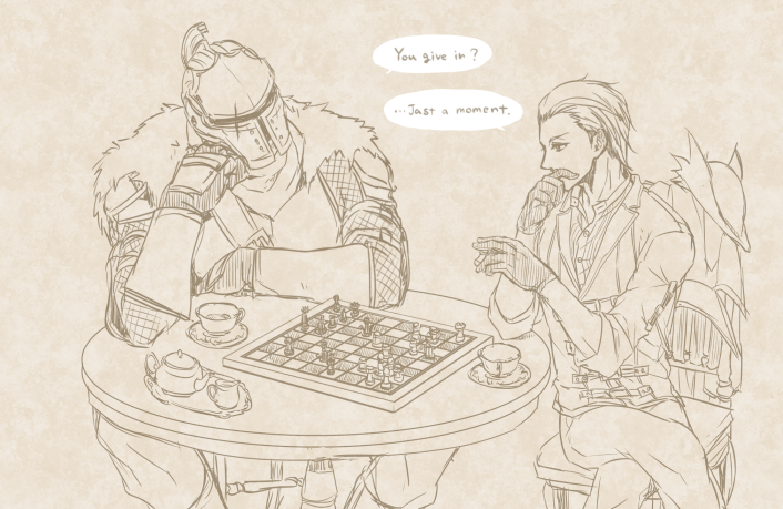 bearer of the curse, hunter (bloodborne), bloodborne, dark souls (series), dark souls ii, commentary request, 2boys, armor, board game, bridal gauntlets, chainmail, chair, chess, chess piece, chessboard, closed mouth, coat, crossover, cup, english text, feet out of frame, fur collar, gloves, greyscale, hat, helm, helmet, looking at another, male focus, monochrome, multiple boys, playing games, shirt, short hair, suou yuuchi, table, teacup, teapot, unworn hat, unworn headwear