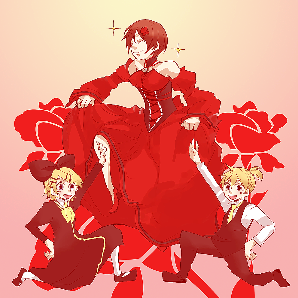 tantyo, arte (evillious nendaiki), banica conchita, kagamine len, kagamine rin, meiko (vocaloid), pollo (evillious nendaiki), akujiki musume conchita (vocaloid), evillious nendaiki, vocaloid, bad id, bad pixiv id, 1boy, 2girls, blonde hair, blue eyes, brown hair, detached sleeves, dress, hair ornament, hair ribbon, hairclip, kneeling, multiple girls, necktie, red dress, ribbon, short hair, smile