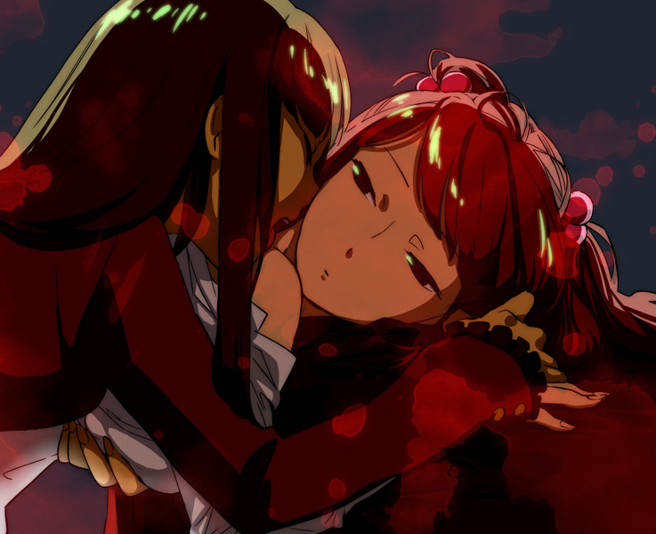 chajka, okayu (pixiv75407), mammon (umineko), stakes of purgatory, ushiromiya ange, umineko no naku koro ni, bad id, bad pixiv id, 00s, 2girls, biting, brown hair, hair bobbles, hair ornament, lying, multiple girls, neck biting, red hair, yuri