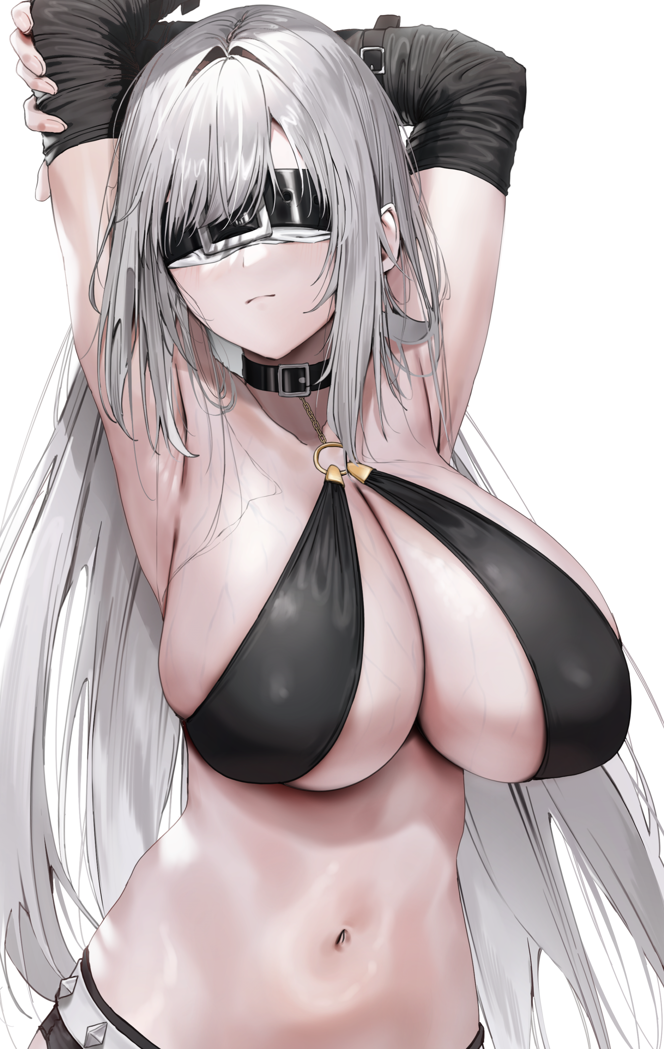 poharo, original, absurdres, commission, commissioner upload, highres, 1girl, arms up, black bra, black shorts, black sleeves, blindfold, bra, breasts, cleavage, closed mouth, detached sleeves, grey hair, large breasts, long hair, navel, no bra, o-ring, shorts, sidelocks, simple background, skindentation, solo, standing, underwear, upper body, very long hair, white background