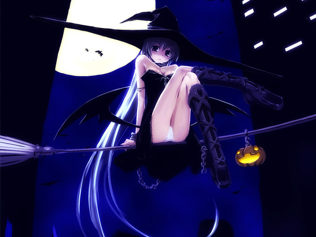 1girl, boots, broom, chain, female focus, halloween, hat, knee boots, long hair, looking at viewer, panties, solo, underwear, very long hair, white hair, witch, witch hat