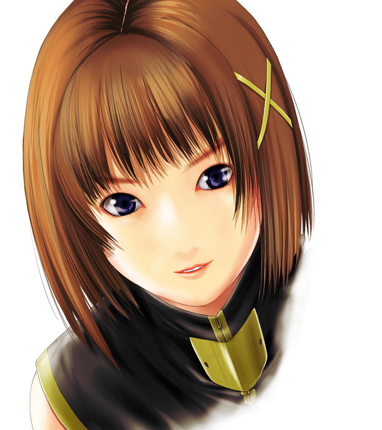 kakogawa tarou, yagami hayate, lyrical nanoha, mahou shoujo lyrical nanoha, mahou shoujo lyrical nanoha a's, mahou shoujo lyrical nanoha strikers, 00s, 1girl, blue eyes, brown hair, female focus, hair ornament, realistic, short hair, solo, x hair ornament