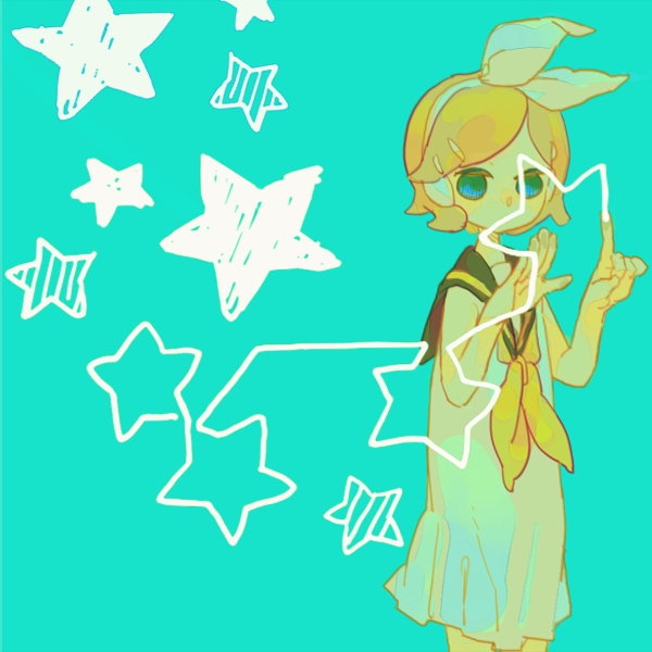 epo (papier), epo (pixiv185350), kagamine rin, gemini (vocaloid), vocaloid, 1girl, aqua eyes, blonde hair, dress, female focus, hair ornament, hair ribbon, hairclip, ribbon, sailor dress, short hair, solo, star (symbol)