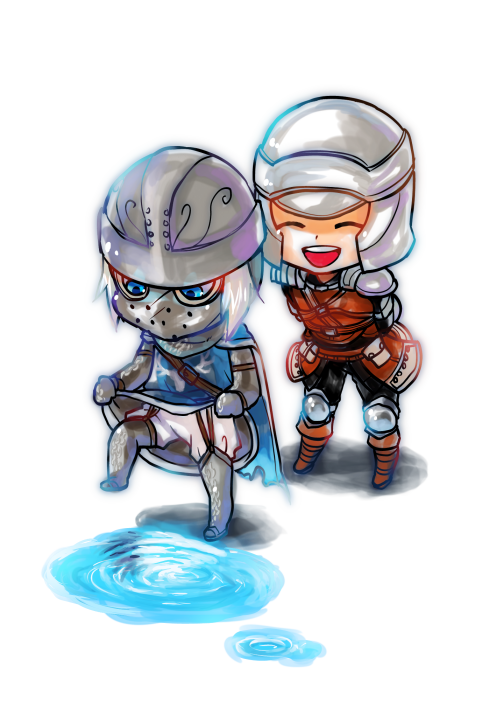 creighton of mirrah, mild mannered pate, dark souls (series), dark souls ii, commentary request, 2boys, armor, black pants, black shirt, blue eyes, blue tunic, brown vest, chainmail, chibi, chibi only, closed eyes, full body, male focus, mask, masked, multiple boys, open mouth, pants, pauldrons, puddle, shirt, shoulder armor, simple background, smile, standing, suou yuuchi, tunic, tunic lift, vest, white background, white pants