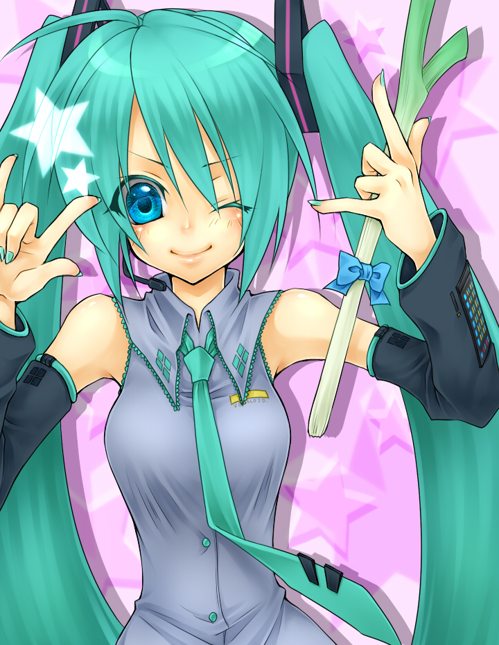 ueno (pixiv1021722), ueno tsuki, hatsune miku, vocaloid, bad id, bad pixiv id, 1girl, aqua eyes, aqua hair, aqua nails, detached sleeves, female focus, headphones, headset, long hair, m/, nail polish, necktie, one eye closed, smile, solo, spring onion, twintails, wink