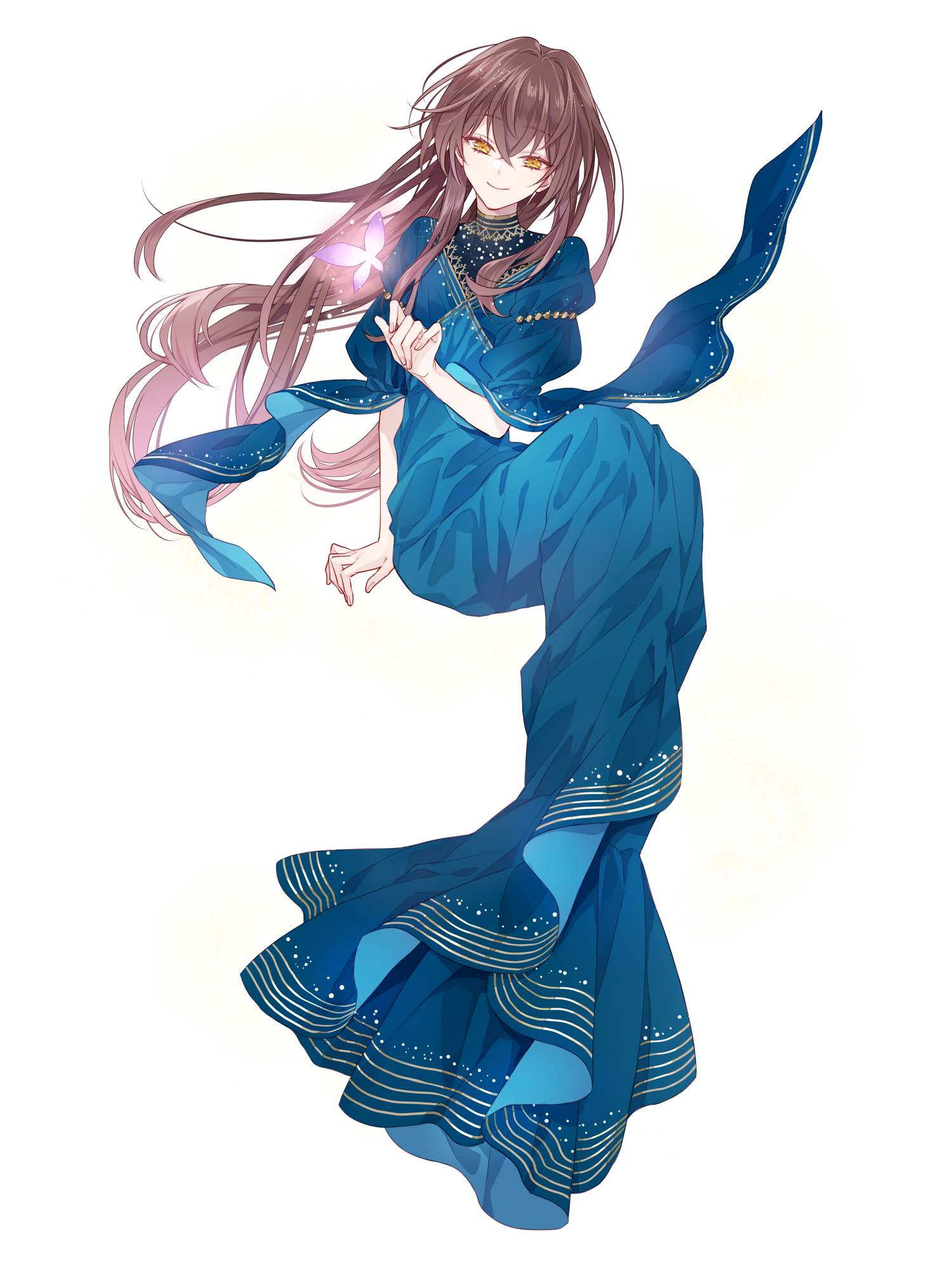 mikuni (tw), dairoku ryouhei, highres, 1girl, anna sehnsucht, blue dress, brown hair, dress, full body, hand up, long hair, smile, yellow eyes