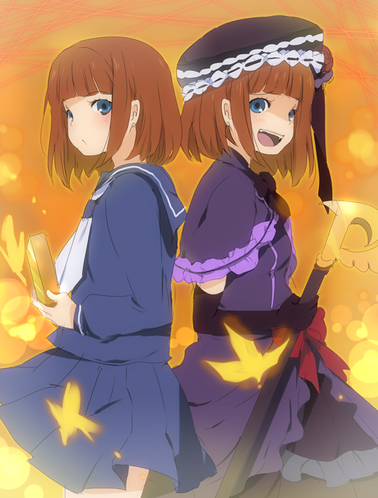 kl (dgzonbi), eva beatrice, ushiromiya eva, umineko no naku koro ni, 00s, aged down, blue eyes, bug, butterfly, dual persona, frills, gold, hat, insect, orange hair, school uniform, serafuku, short hair, staff