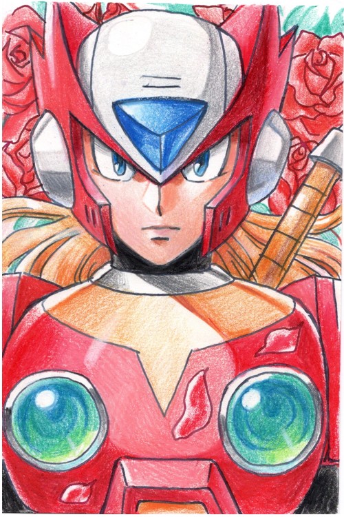 hijiriiyaa, zero (mega man), mega man (series), mega man x (series), commentary request, krita (medium), traditional media, 1boy, android, armor, blonde hair, blue eyes, chest jewel, flower, forehead jewel, helmet, long hair, looking at viewer, male focus, red armor, red flower, red helmet, red rose, rose, upper body