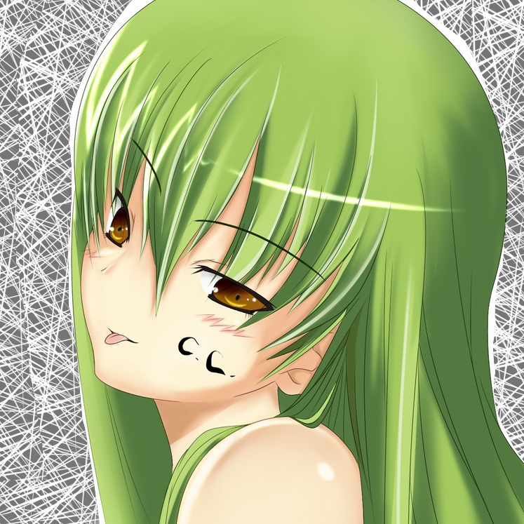 manpukud (pixiv), c.c., code geass, 00s, blush, facepaint, green hair, long hair, solo, tongue, yellow eyes