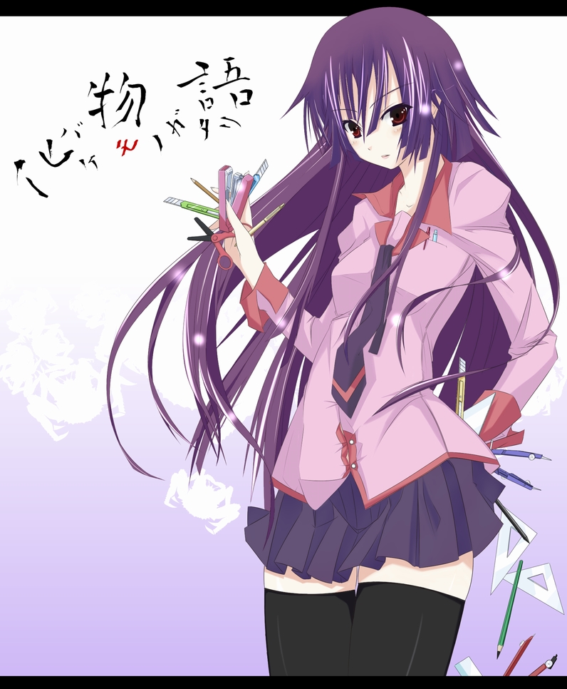 manpukud (pixiv), senjougahara hitagi, bakemonogatari, monogatari (series), 00s, boxcutter, brown eyes, letterboxed, long hair, miniskirt, necktie, pen, pencil, purple hair, school uniform, scissors, set square, skirt, solo, stapler, thighhighs, wooden pencil, zettai ryouiki