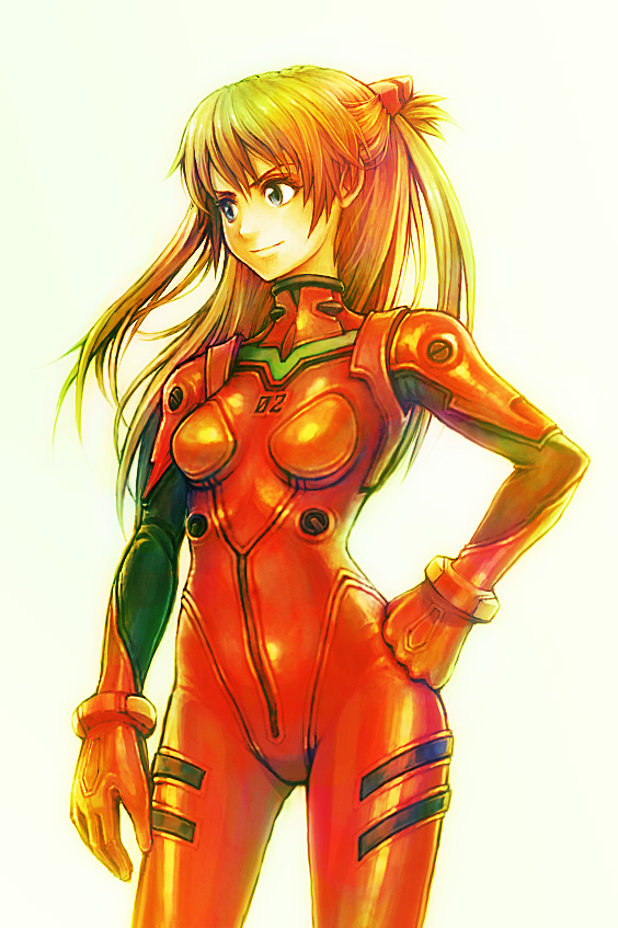 dorayuki, souryuu asuka langley, neon genesis evangelion, 1girl, backlighting, blue eyes, bodysuit, bracer, cowboy shot, curvy, female focus, gloves, hair ornament, hand on own hip, light smile, long hair, looking to the side, mecha pilot suit, orange hair, plugsuit (evangelion), red bodysuit, simple background, smile, solo, standing, twintails, two side up, white background, wide hips
