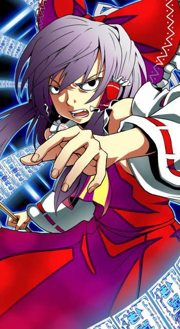 mendou saya, hakurei reimu, touhou, bad id, bad pixiv id, 1girl, angry, female focus, ribbon, short hair, solo