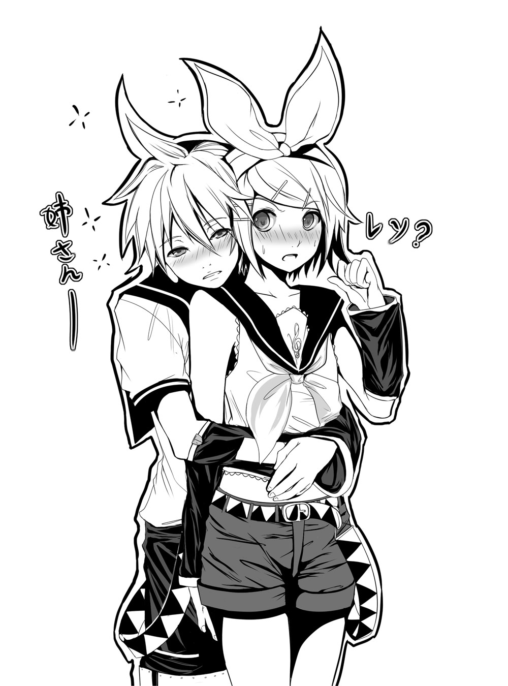 edopacku, kagamine len, kagamine rin, vocaloid, highres, 1boy, 1girl, blush, brother and sister, drunk, greyscale, hair ornament, hair ribbon, hairclip, hetero, hug, midriff, monochrome, ribbon, short hair, shorts, siblings, simple background, twins