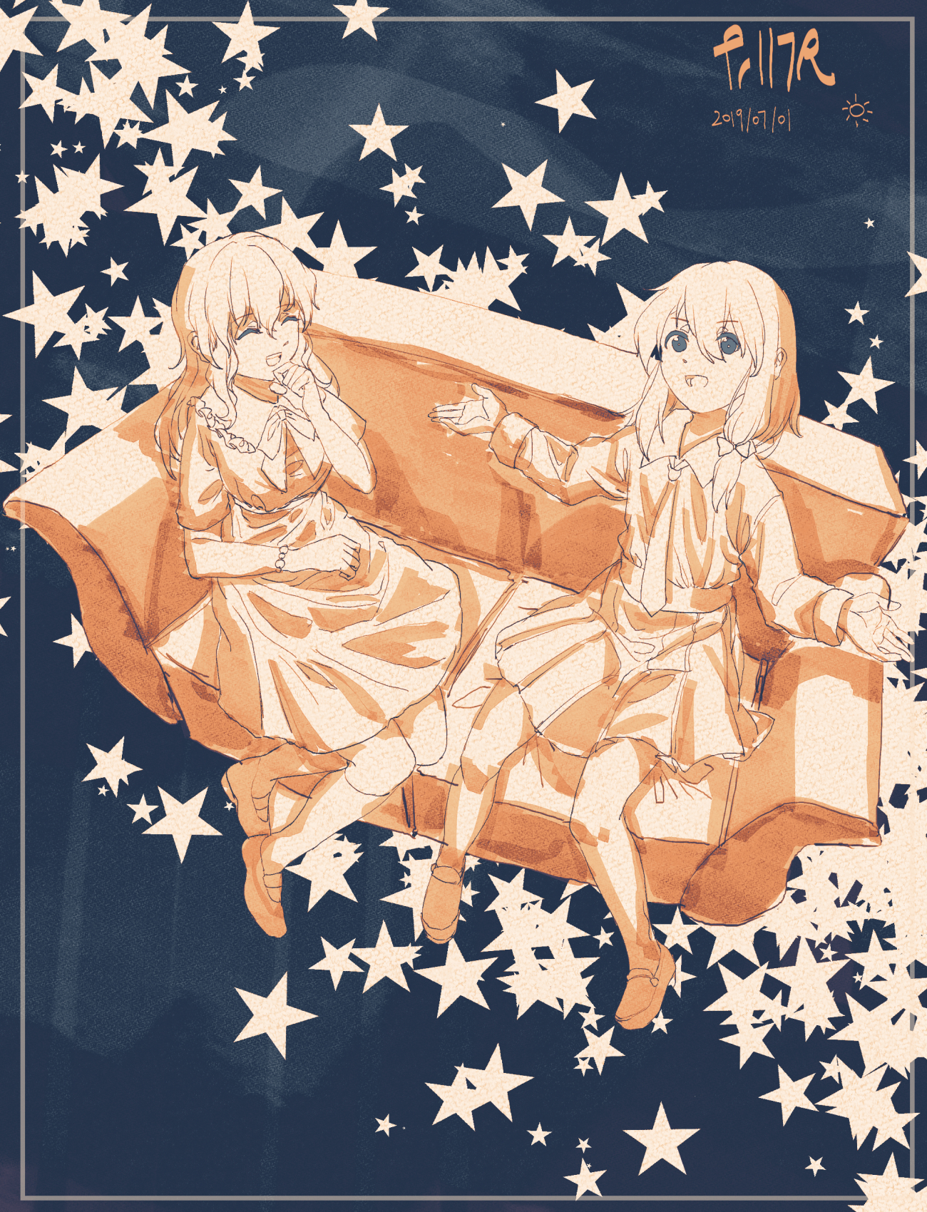 furahata gen, maribel hearn, usami renko, touhou, highres, 2girls, :d, ^ ^, armlet, artist name, blue background, bow, bowtie, closed eyes, coach, collared dress, collared shirt, contrast collar, dated, dress, hair between eyes, hair bow, jewelry, laughing, long dress, long sleeves, medium hair, multiple girls, necktie, no headwear, open mouth, outstretched arms, shirt, shirt tucked in, shoes, short hair, short sleeves, sitting, skirt, sleeve cuffs, smile, socks, spread arms, star (symbol), talking, teeth, upper teeth only, white bow, white bowtie, white socks