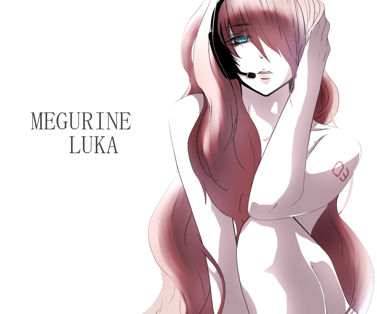 kuraimu, megurine luka, vocaloid, bad id, bad pixiv id, 1girl, blue eyes, female focus, hair over one eye, headphones, headset, long hair, nude, pink hair, simple background, solo, white background