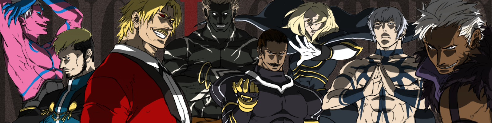 36 gou, mukai, goenitz, igniz (kof), krizalid, magaki, magaki (kof), mukai (kof), orochi, orochi (kof), rugal bernstein, zero (kof), snk, the king of fighters, bad id, bad pixiv id, highres, long image, wide image, 6+boys, male focus, multiple boys, muscular