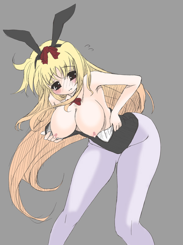 frapowa, fate testarossa, lyrical nanoha, mahou shoujo lyrical nanoha, mahou shoujo lyrical nanoha strikers, 00s, 1girl, animal ears, bandaid, bandaids on nipples, bare shoulders, bent over, blonde hair, blush, breasts, brown eyes, dressing, fake animal ears, female focus, grey background, large breasts, leaning forward, long hair, no bra, pantyhose, pasties, playboy bunny, rabbit ears, ribbon, simple background, sketch, solo, very long hair, white pantyhose
