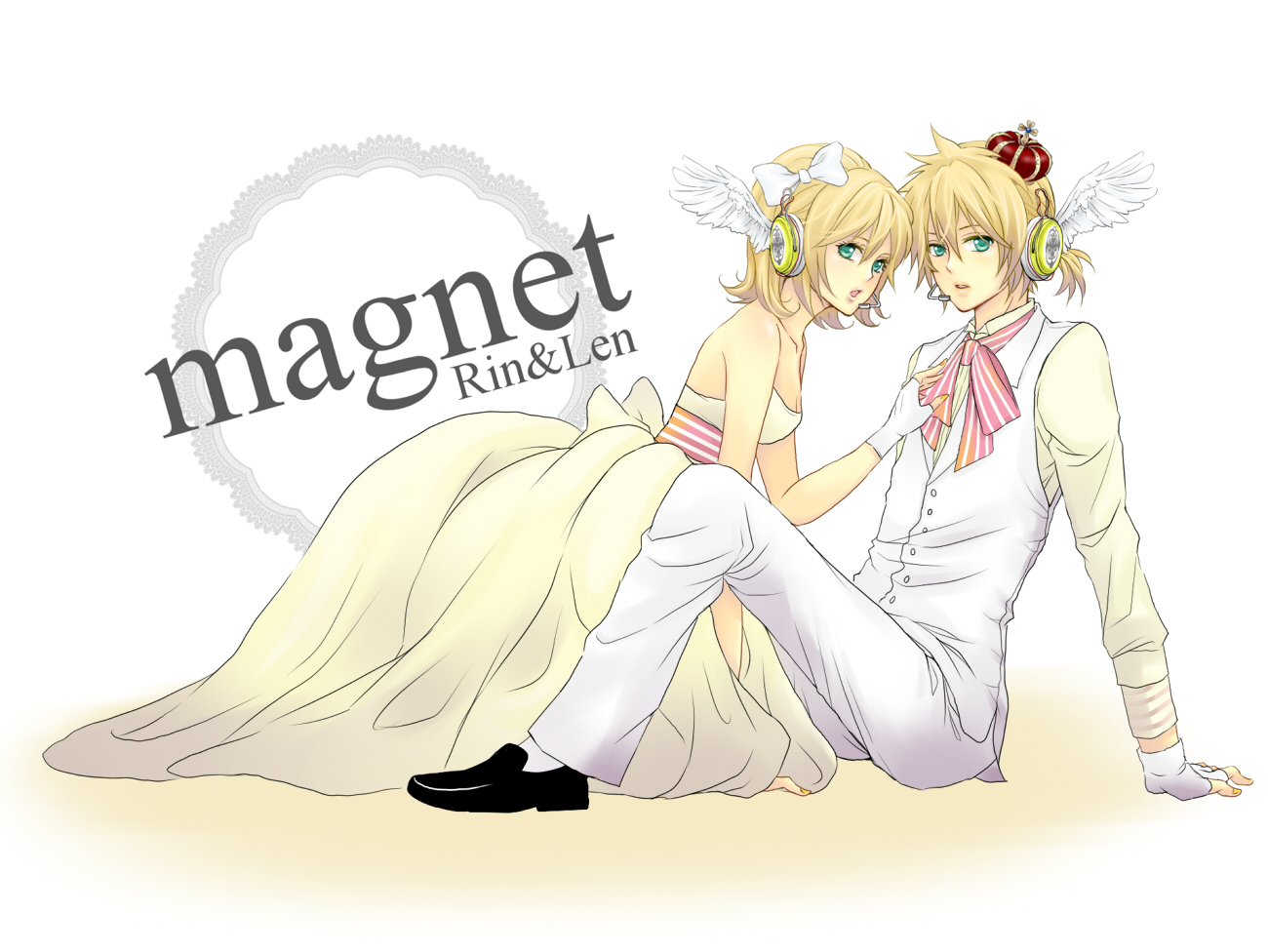 mizu (mizkiaaa), mizu (pixiv), kagamine len, kagamine rin, magnet (vocaloid), vocaloid, bad id, bad pixiv id, 1boy, 1girl, angel wings, aqua eyes, blonde hair, bow, brother and sister, crown, dress, fingerless gloves, formal clothes, gloves, hair ribbon, headphones, headset, ribbon, short hair, siblings, suit, twins, white dress, wings