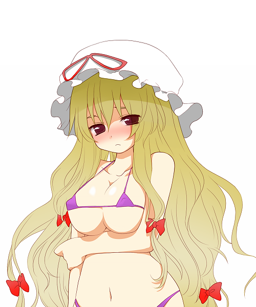 tyobimiru, yakumo yukari, touhou, bad id, bad pixiv id, 1girl, bikini, blonde hair, breasts, female focus, hat, long hair, micro bikini, purple bikini, red eyes, simple background, solo, swimsuit, upper body, white background