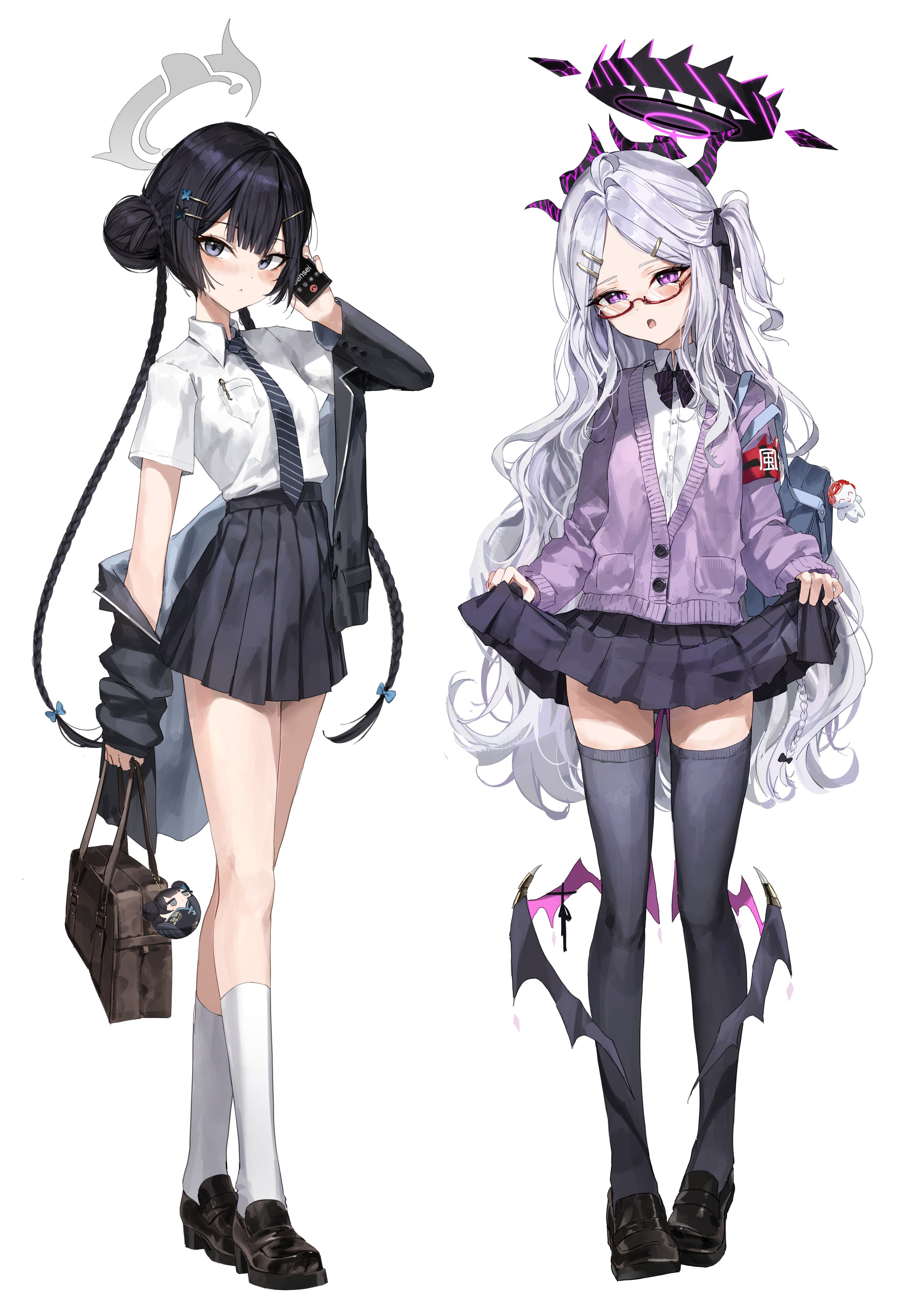 meltyrice, doodle sensei (blue archive), hina (blue archive), kisaki (blue archive), sensei (blue archive), blue archive, absurdres, highres, ahoge, armband, black hair, black halo, black thighhighs, breasts, demon girl, demon horns, demon wings, double bun, full body, glasses, hair bun, halo, horns, long hair, looking at viewer, low wings, miniskirt, purple eyes, red armband, school uniform, simple background, skirt, small breasts, standing, thighhighs, thighs, twintails, white background, white hair, wings