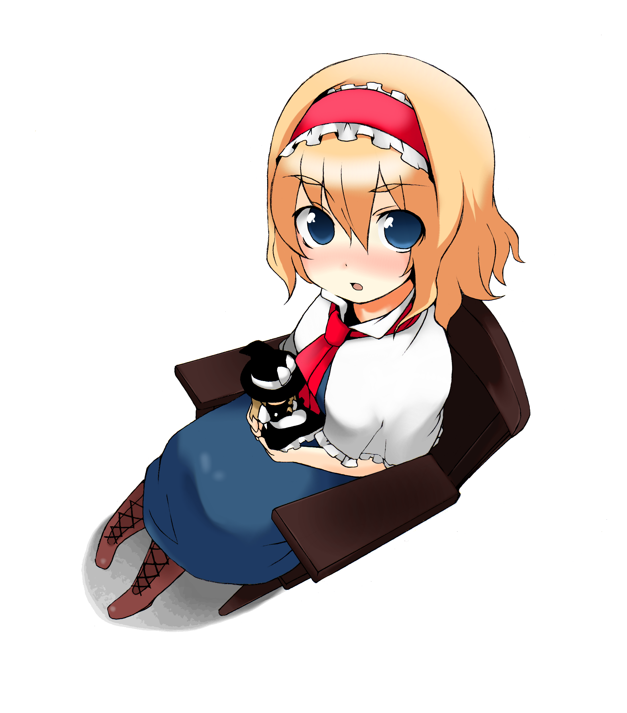 tyobimiru, alice margatroid, kirisame marisa, touhou, absurdres, bad id, bad pixiv id, highres, 1girl, blonde hair, blue eyes, chair, character doll, doll, female focus, from above, full body, hairband, hat, short hair, sitting, solo, witch, witch hat