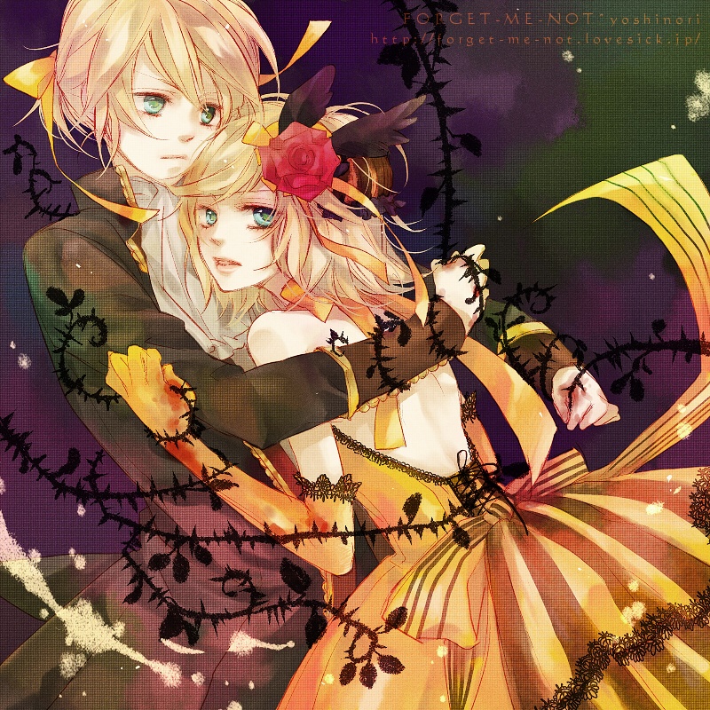 yoshinori (fmn), allen avadonia, kagamine len, kagamine rin, riliane lucifen d'autriche, aku no musume (vocaloid), evillious nendaiki, vocaloid, 1boy, 1girl, aqua eyes, blonde hair, brother and sister, dress, elbow gloves, flower, gloves, hair flower, hair ornament, hair ribbon, hetero, hug, ribbon, rose, short hair, siblings, thorns, twins, yellow dress