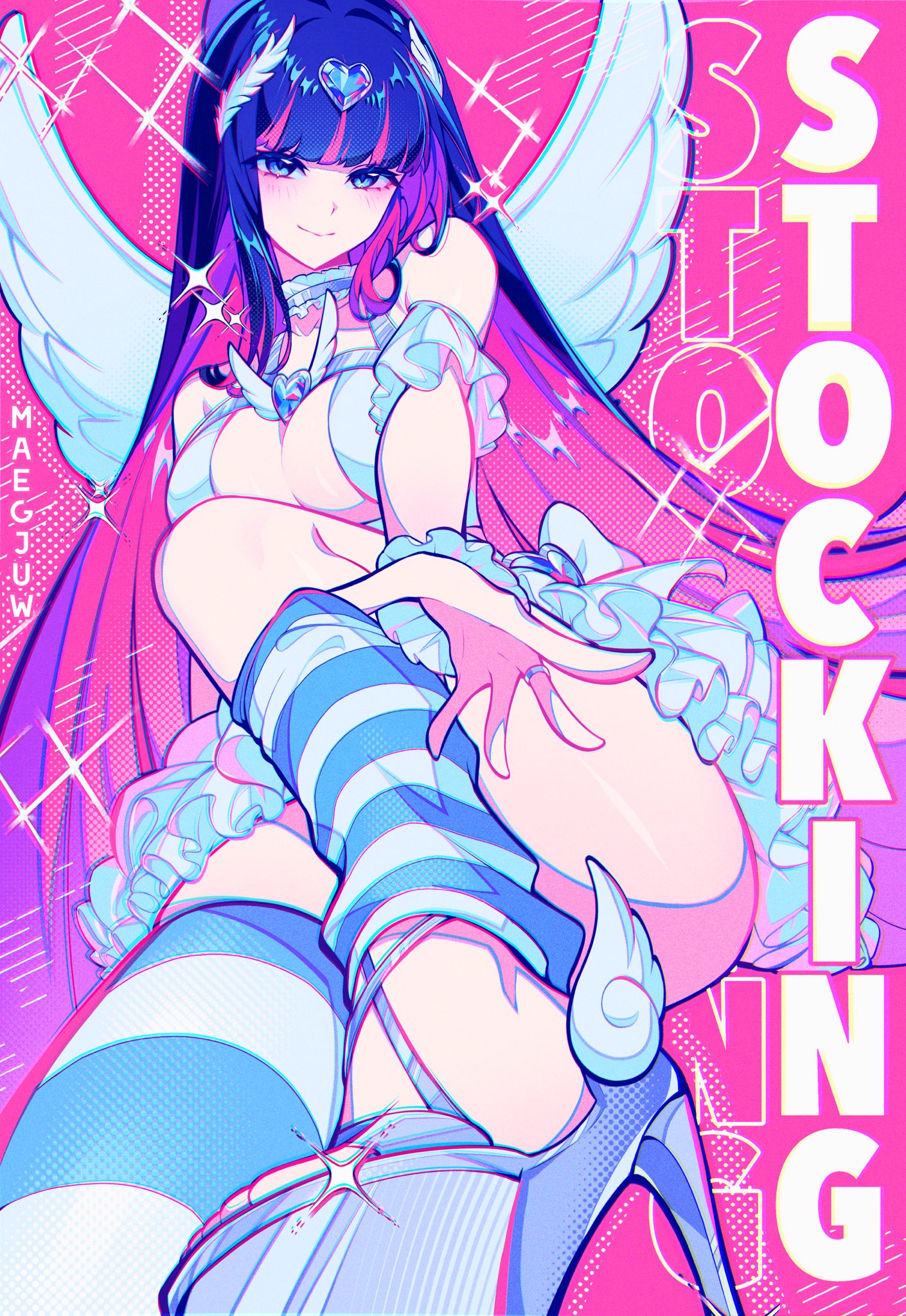 maegjuw, stocking (psg), panty & stocking with garterbelt, commentary, english commentary, highres, 1girl, bare shoulders, breasts, character name, cleavage, colored inner hair, feathered wings, foot out of frame, high heels, jewelry, knee up, large breasts, long hair, multicolored hair, pink background, ring, sandals, simple background, smile, solo, sparkle, strappy heels, striped clothes, toes, two-tone hair, white wings, wings