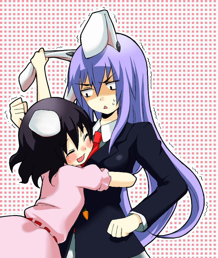 tyobimiru, inaba tewi, reisen udongein inaba, touhou, bad id, bad pixiv id, 2girls, angry, animal ears, black hair, blazer, female focus, jacket, long hair, multiple girls, necktie, purple hair, rabbit ears, red necktie, short hair
