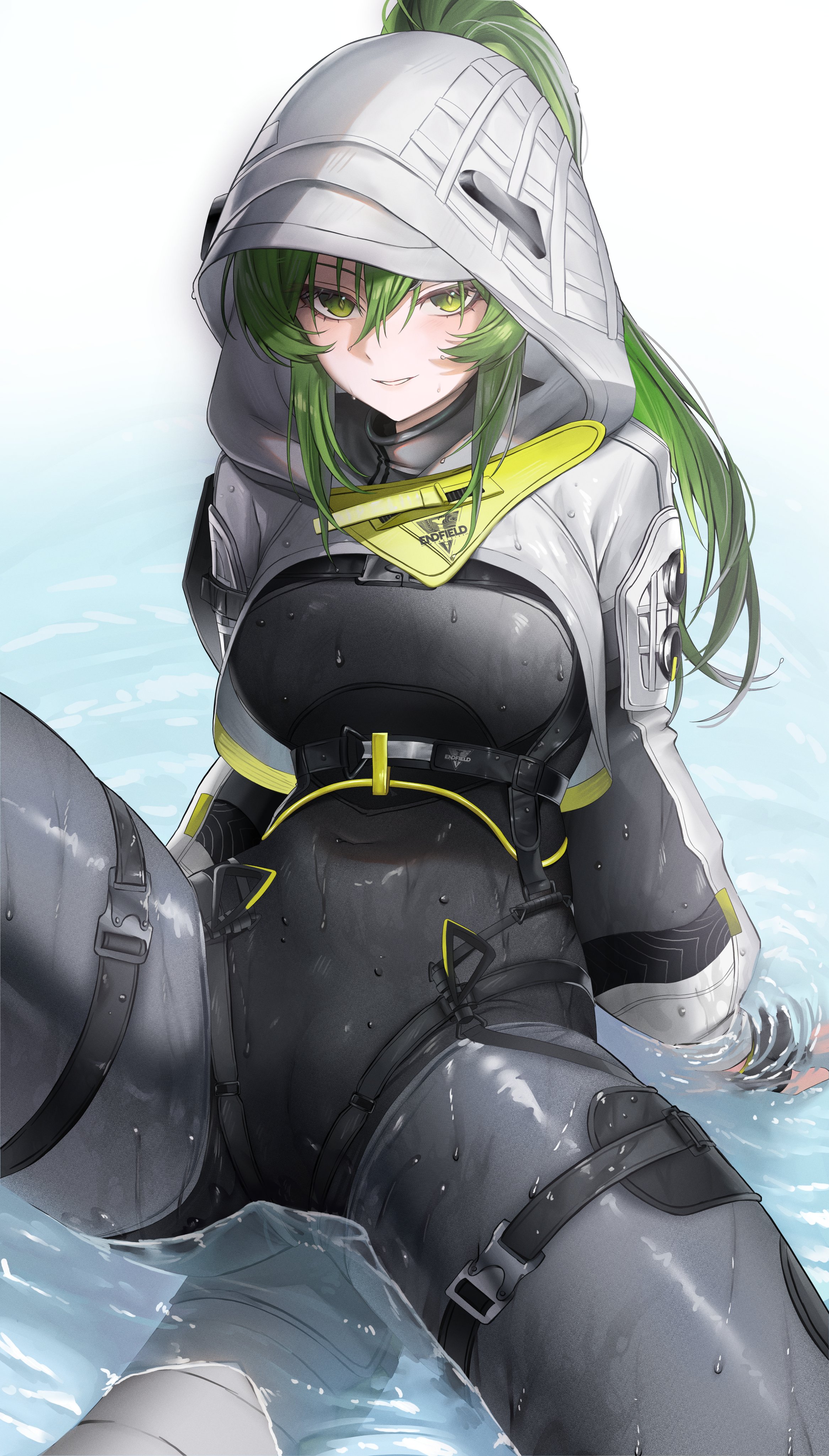 vitaminechan, arknights, arknights: endfield, absurdres, commentary, highres, 1girl, arm support, black bodysuit, black gloves, bodysuit, breasts, covered navel, feet out of frame, fingerless gloves, fluorite (arknights), gloves, green eyes, green hair, hair between eyes, hooded shrug, impossible bodysuit, impossible clothes, knee up, light blush, long hair, looking at viewer, medium breasts, parted lips, ponytail, shrug (clothing), sitting, sitting on liquid, smile, solo, tail, wet, white shrug
