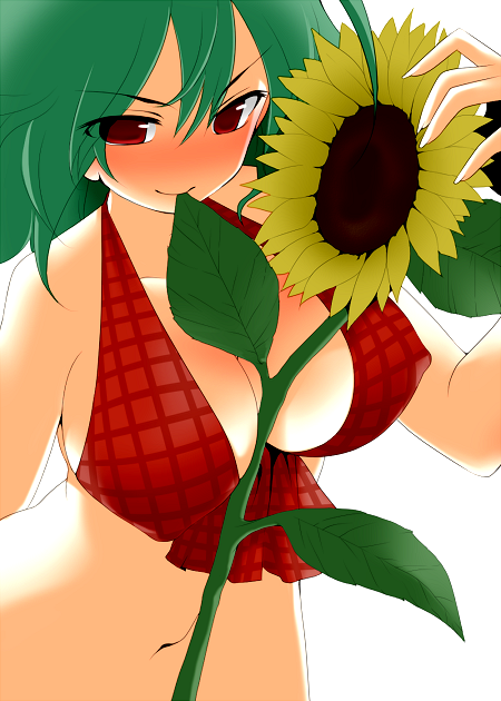 tyobimiru, kazami yuuka, touhou, bad id, bad pixiv id, 1girl, between breasts, bikini, blush, breasts, cleavage, female focus, flower, green hair, large breasts, mouth hold, navel, no nose, plaid bikini, plaid clothes, red eyes, short hair, simple background, solo, sunflower, swimsuit, upper body, white background