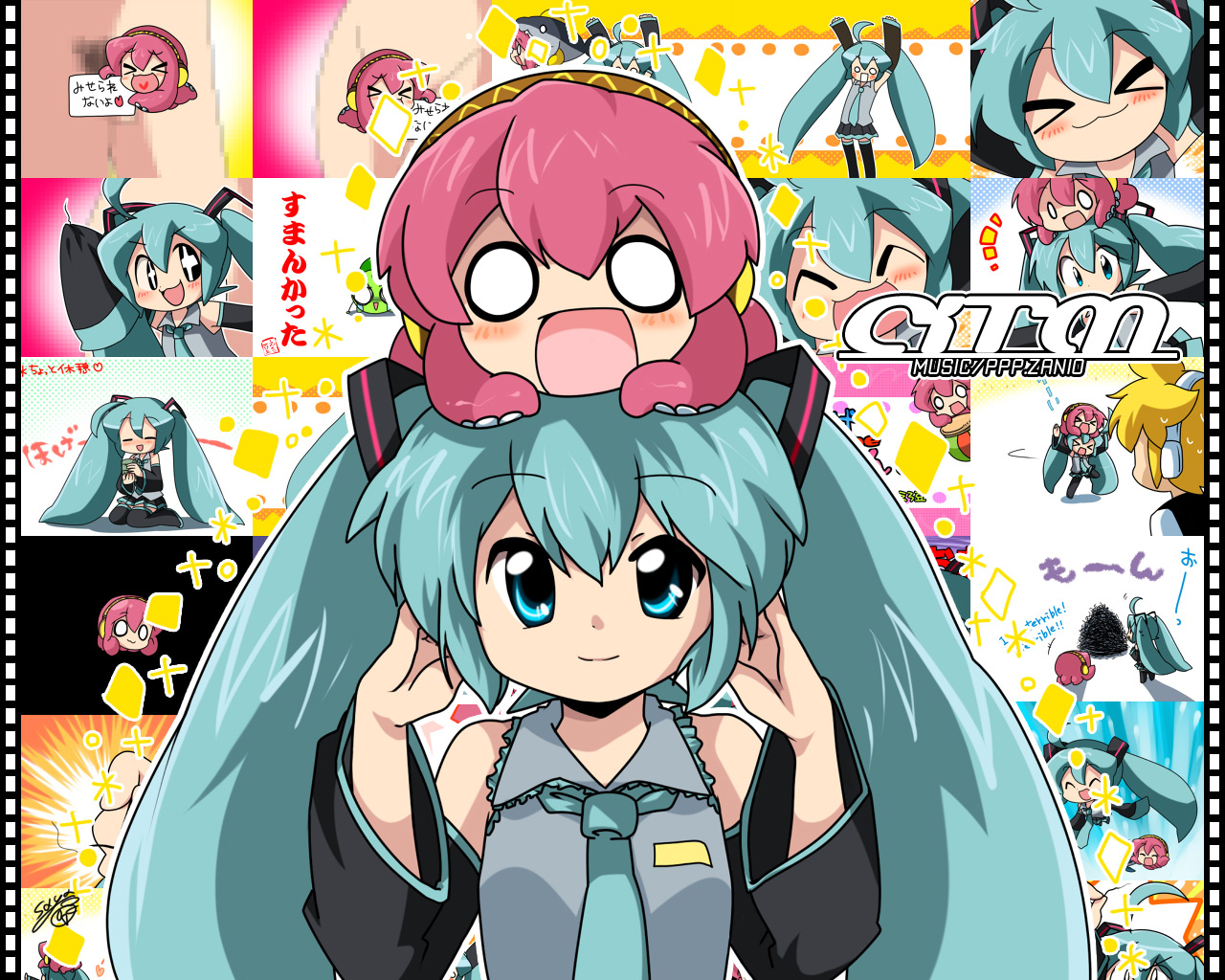 eromame, hachune miku, hatsune miku, kagamine len, megurine luka, takoluka, vocaloid, bad id, bad pixiv id, >:3, > <, + +, 1boy, 1girl, :3, :d, = =, ^ ^, ahoge, aqua eyes, aqua hair, can't show this (meme), censored, character censor, chibi, closed eyes, detached sleeves, heart, heart in mouth, long hair, necktie, novelty censor, o o, open mouth, pink hair, skirt, smile, thighhighs, twintails, v-shaped eyebrows, x3