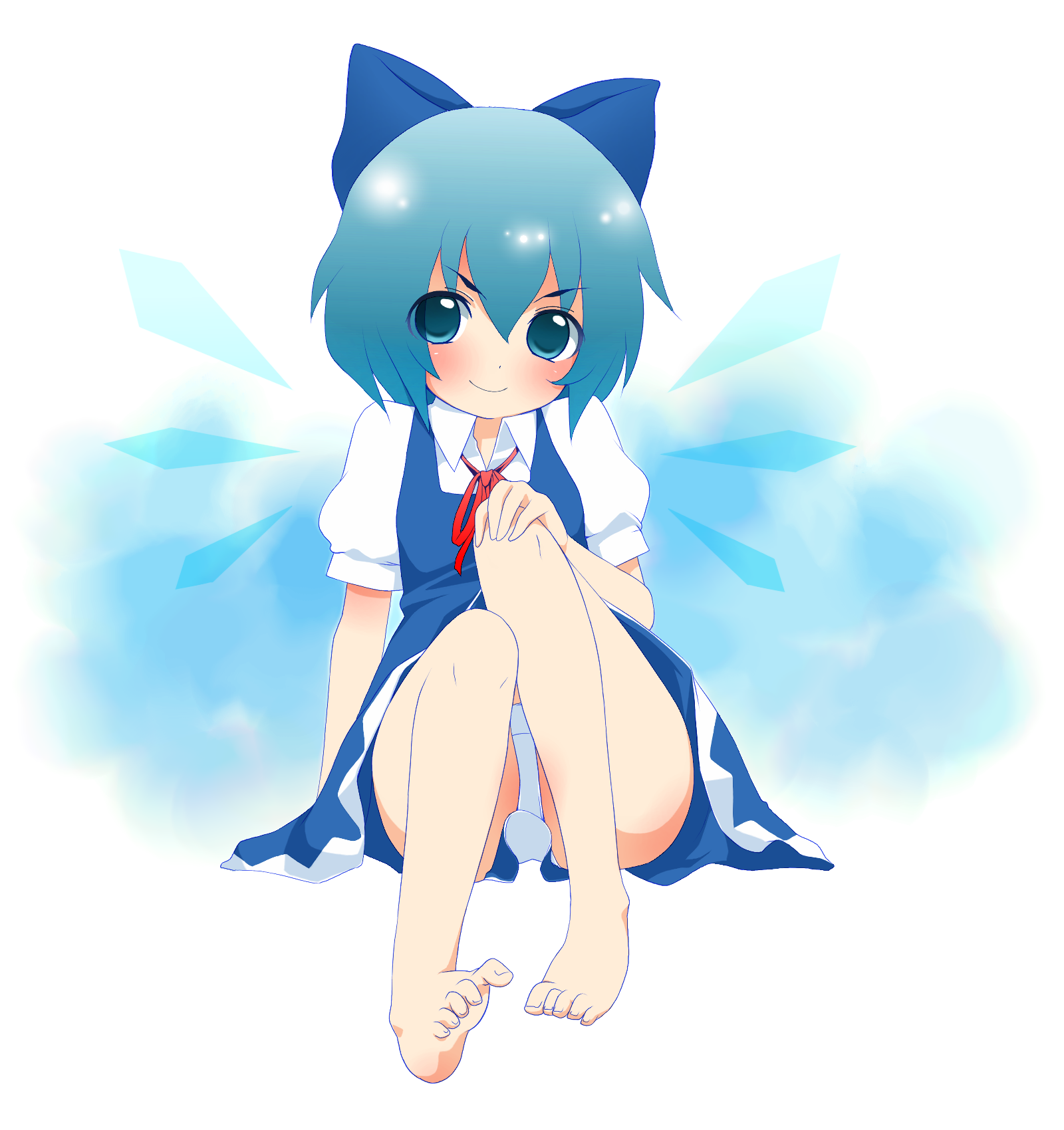tyobimiru, cirno, embodiment of scarlet devil, touhou, bad id, bad pixiv id, highres, 1girl, barefoot, blue eyes, blue hair, bow, feet, female focus, full body, hair bow, looking at viewer, matching hair/eyes, short hair, solo, wings