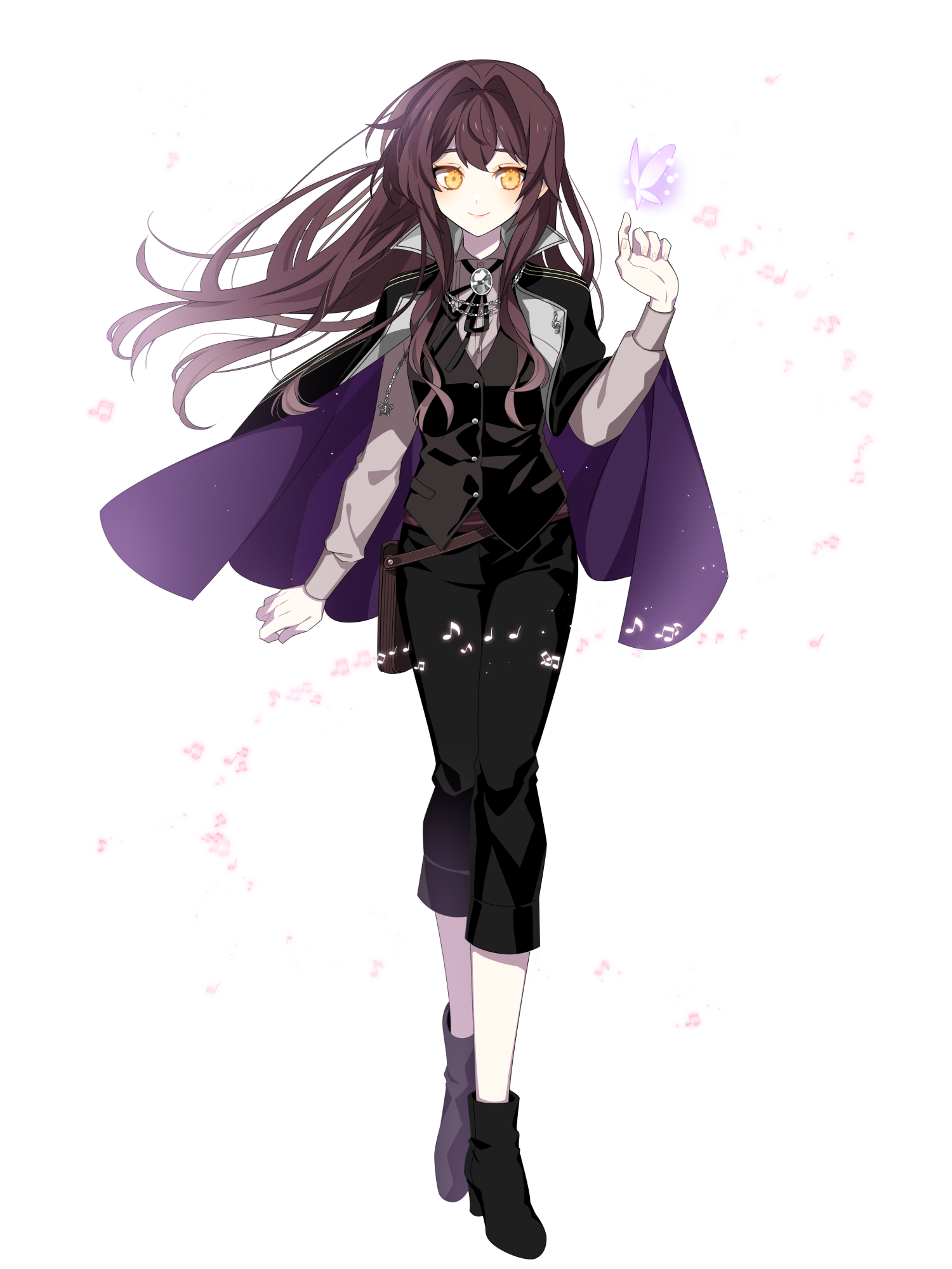 l (matador), dairoku ryouhei, highres, 1girl, anna sehnsucht, beamed eighth notes, black pants, black shoes, black vest, bolo tie, brown hair, bug, butterfly, cape, insect, long sleeves, looking at viewer, musical note, pants, quarter note, shoes, smile, transparent background, vest, yellow eyes